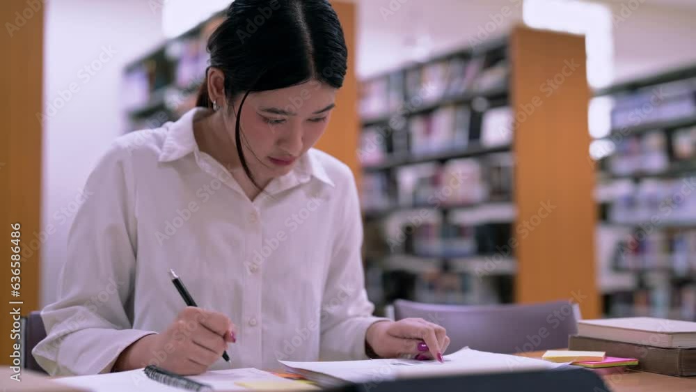 Young Asian Female student college do homework and reading a book for final exam at library, education concept. Young Asian Female student college do homework and reading a book for final exam at library, education concept.
