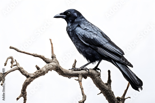 A spooky black crow perched on a creepy tree branch