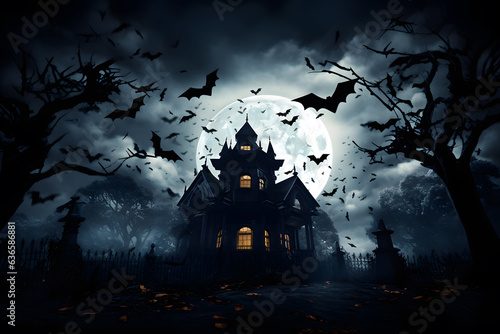 A spooky haunted house with bats flying in the moonlit sky