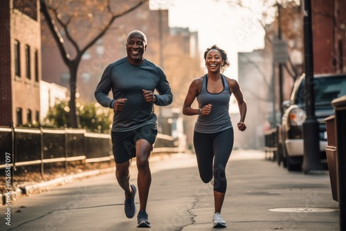 Healthy lifestyle concept - middle-aged African-American couple during an evening jog through the streets of their neighborhood. Sports as the best remedy for aging.