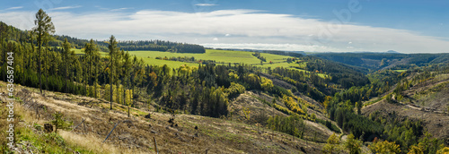 panorama view from hill side in country side landscape with forests and meadows