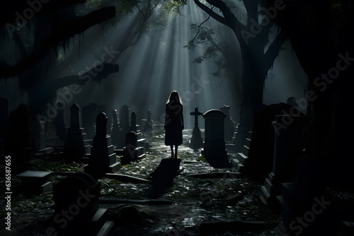 An eerie graveyard with tombstones and creepy shadows