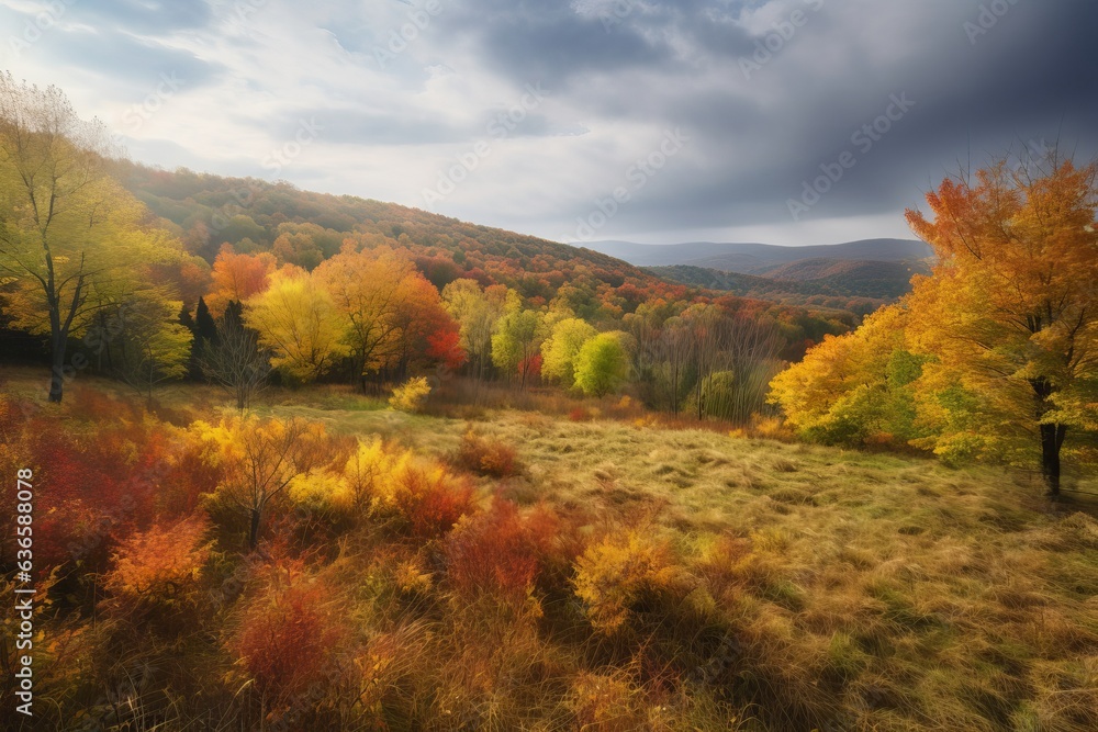 Obraz premium a serene autumn landscape with colorful trees and grassy fields
