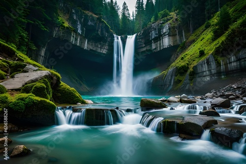 most beautiful water falling from top of mountain with forest