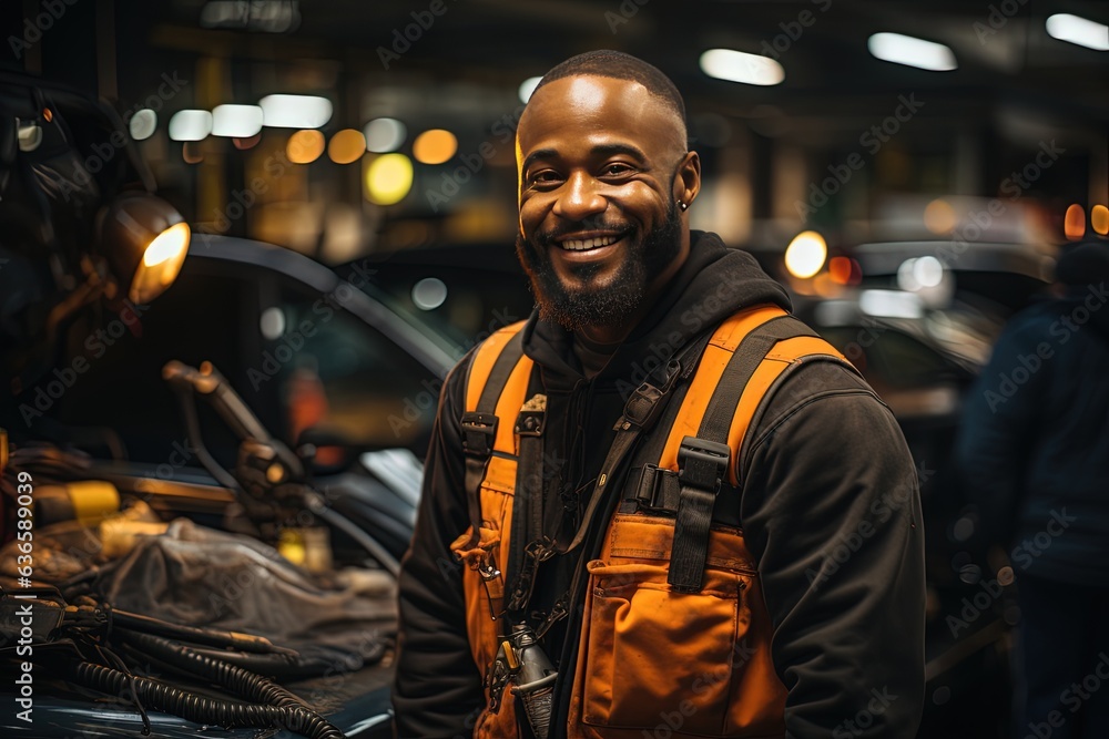 Experienced car mechanic of African-American origin fixes a broken down car Experienced car mechanic of African-American origin fixes a broken down car