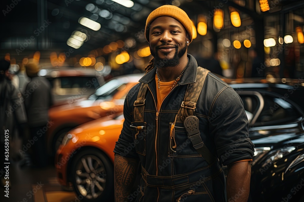 Experienced car mechanic of African-American origin fixes a broken down car Experienced car mechanic of African-American origin fixes a broken down car