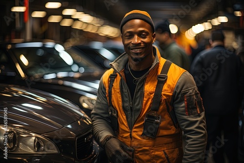 Experienced car mechanic of African-American origin fixes a broken down car