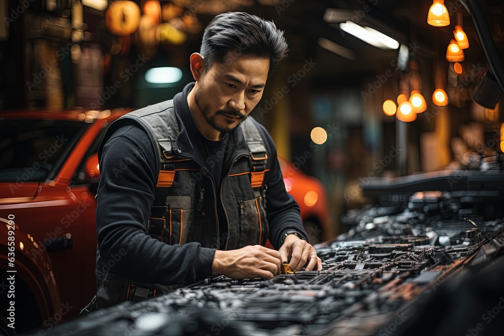 Asian electrician checking the installation on a premium car Asian electrician checking the installation on a premium car