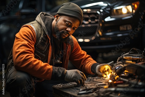 African American teamlead of car mechanics enjoys his job © Dejan
