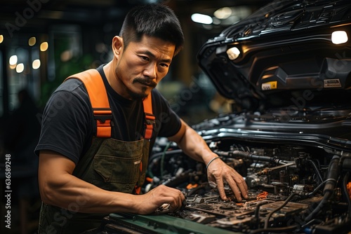 Asian car mechanic skillfully repairing a damaged car