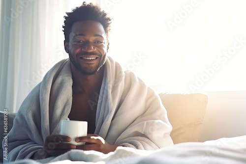 Vacation. A middle-aged African American sits on a bed with a mug of aromatic coffee. He smiles and looking at camera.