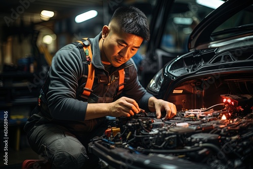 Indonesian car mechanic skillfully fixes a car
