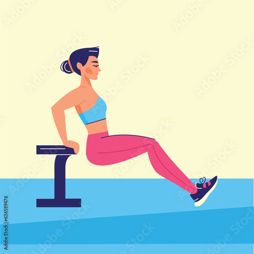 Woman doing reverse push ups using bench black line icon.