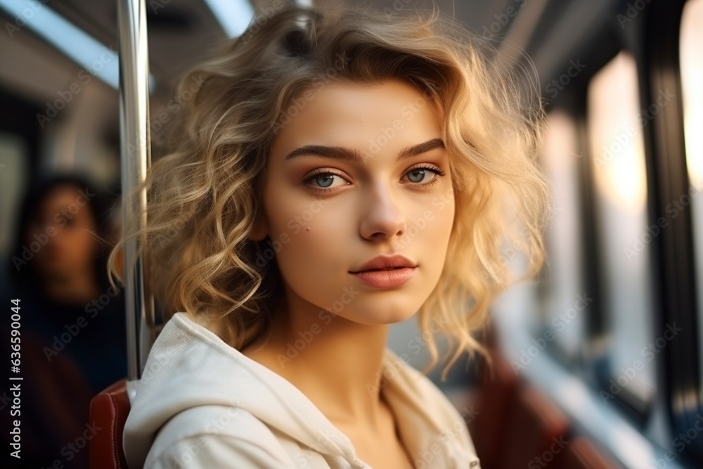 beautiful american model sitting in the subway