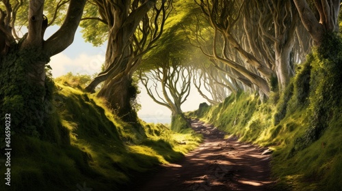 Dark Hedges in Armoy, Northern Ireland at day sunlight. Image with selective focus generative ai © Chingiz