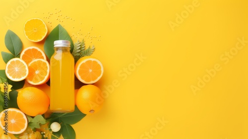 Flat lay composition with bottles of delicious juices and fresh ingredients on orange background generative ia © Chingiz