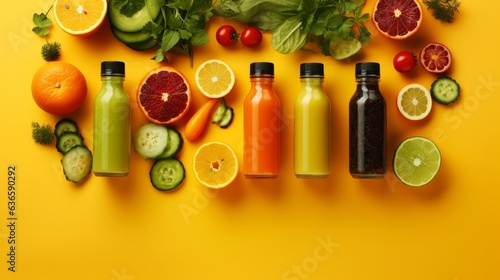 Flat lay composition with bottles of delicious juices and fresh ingredients on orange background generative ia