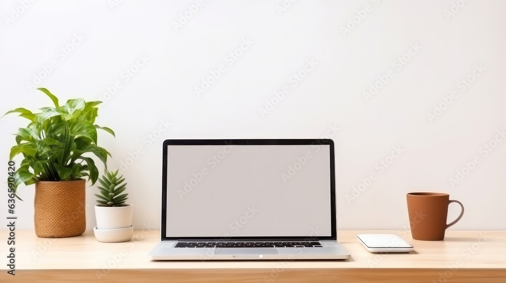 Fototapeta premium Laptop with blank screen on white table with mouse and smartphone. Home interior or office background generative ai