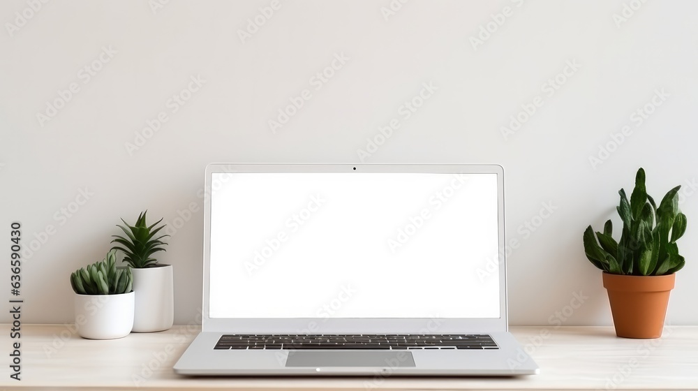 Laptop with blank screen on white table with mouse and smartphone. Home interior or office background generative ai Laptop with blank screen on white table with mouse and smartphone. Home interior or office background generative ai