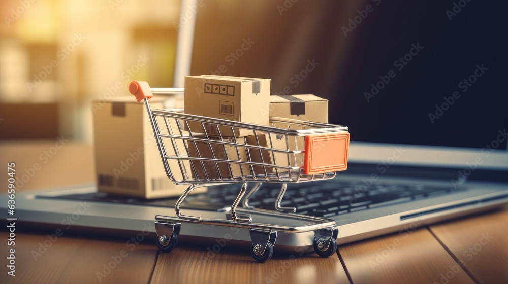 Shopping online concept - Parcel or Paper cartons with a shopping cart logo in a trolley on a laptop keyboard. Shopping service on The online web. offers home delivery.
generative ai