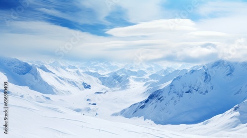 Landscape in Zillertal Arena ski resort in clouds in Tyrol at Mayrhofen in Austria in winter Alps. Alpine mountains with white snow and blue sky. Downhill peaks at Austrian snowy slopes.  © Chingiz