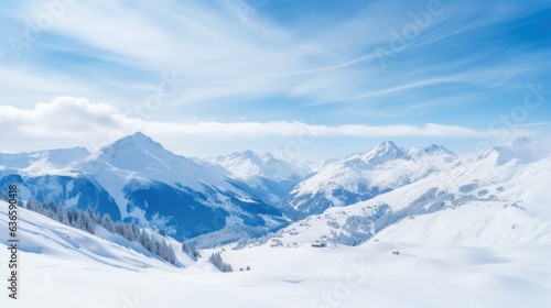 Landscape in Zillertal Arena ski resort in clouds in Tyrol at Mayrhofen in Austria in winter Alps. Alpine mountains with white snow and blue sky. Downhill peaks at Austrian snowy slopes. 