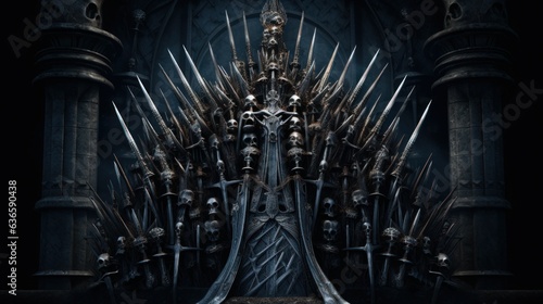 Medieval iron throne of kings made of weapons: swords, daggers, spears, knives blades. Misterious low key middle ages fantasy background design element. Dark knights Clipping path. generative ai