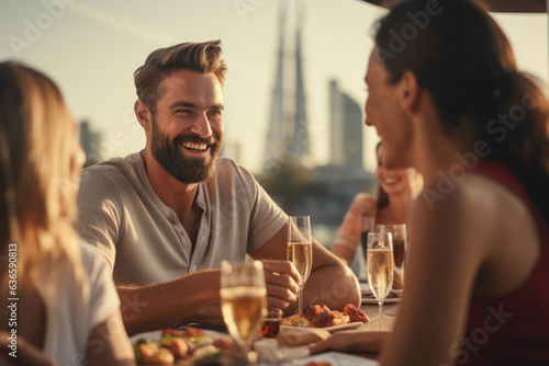 Smiling friends dining on rooftop restaurant in Dubai while on vacation. Generative AI
