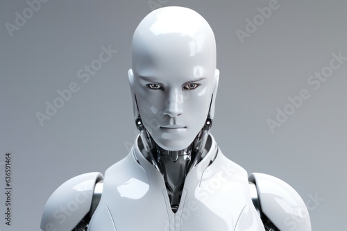android robot on white gray background banner with copy space. Artificial intelligence.