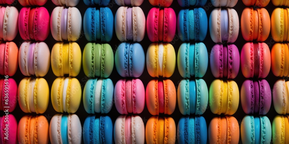 Colorful macaron or macaroon on black background from above, vintage card,  generative ai - obrazy, fototapety, plakaty 