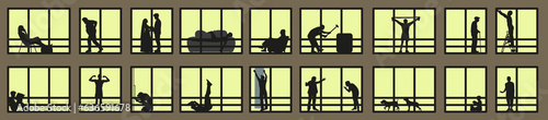 City window at night. Vector illustration of apartment buildings with windows. Different life situations, view from the window.