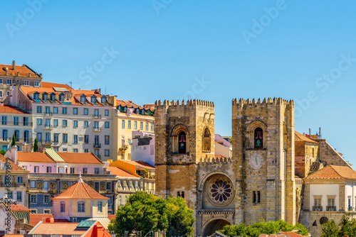 Lisbon cityscape with typical houses and Lisbon Cathedral (Sé de Lisboa)