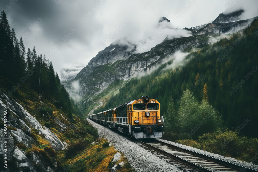 Old freight train running through a mountain valley