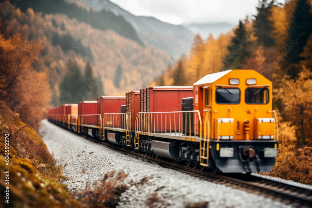 Obraz premium Old freight train running through a mountain valley