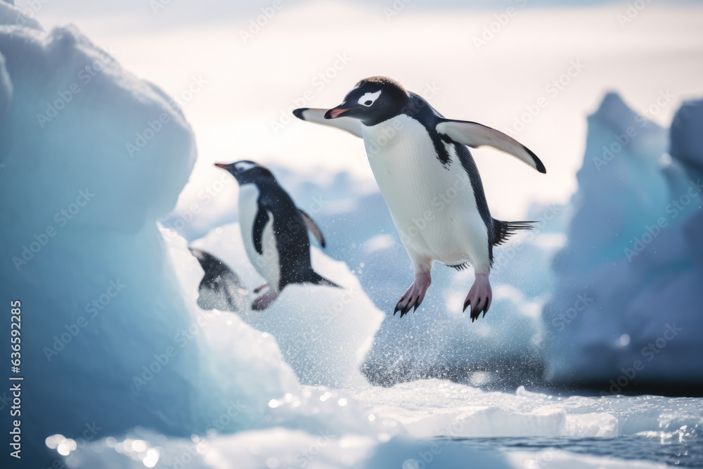 Fototapeta premium Adelie penguins jumping out of of the water in front of the ice edge