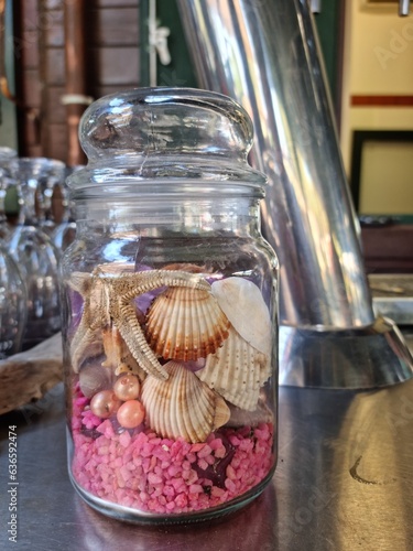 glass jar with shells