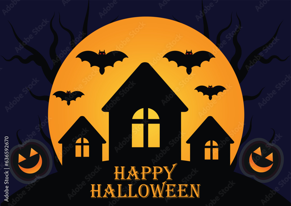 Happy Halloween background with haunted house and pumpkins. Holiday concept. Template for background, banner, card, poster with text inscription. Vector illustration.