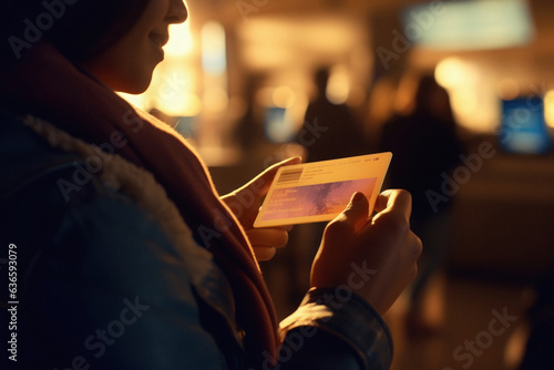 Female showing flight ticket or card