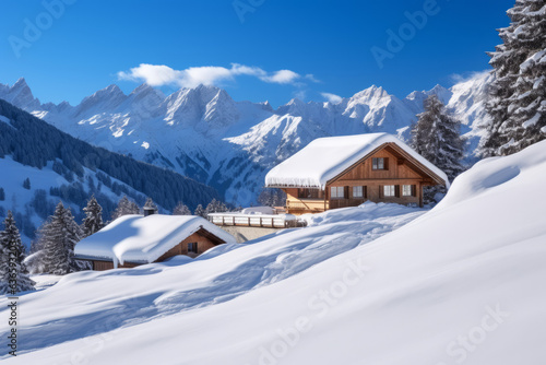 Winter ski chalet and cabin in snow mountain landscape in tyrol austria