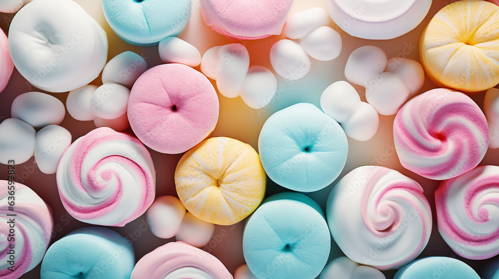 Fototapeta premium Marshmallows background. Texture of colorful mini marshmallows. Generative AI
