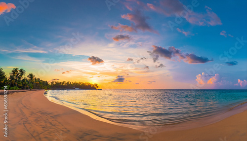 Beautiful panoramic sunset tropical paradise beach. Tranquil summer vacation or holiday landscape. Tropical sunset beach seaside palm calm sea panorama exotic nature view inspirational seascape scenic © Tatiana