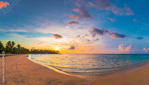 Beautiful panoramic sunset tropical paradise beach. Tranquil summer vacation or holiday landscape. Tropical sunset beach seaside palm calm sea panorama exotic nature view inspirational seascape scenic