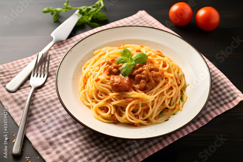 pasta noodle dish in plate with decoration with cutlery, food photography for menu list