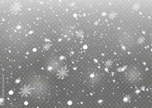 Falling snow with snowflakes and clouds. Mector illustration. Light, dust, winter, blizzard, christmas, vector. The effect of a frosty storm, snowfall, ice. Falling snow effect with snowflakes