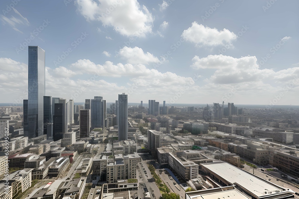 Obraz premium 水辺の都会のビル群の風景、ビジネス、金融、不動産、Web広告バナー