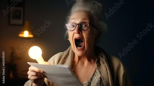 An elderly mature woman senior screams and gets angry because of the increase in utility bills for light. Negative emotion facial expression. Financial crisis bad news.
