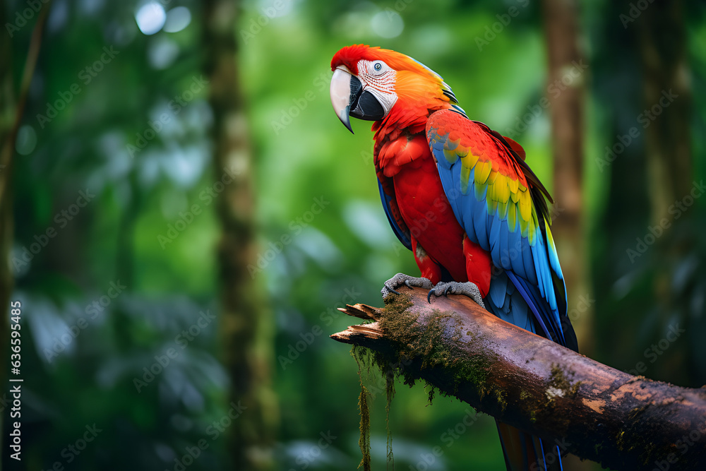 Beautiful Scarlet macaw (Ara macao) on the tree.