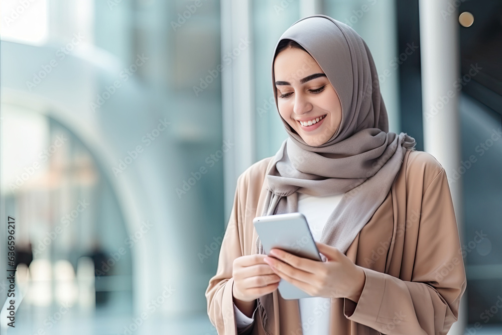 Muslim woman using phone