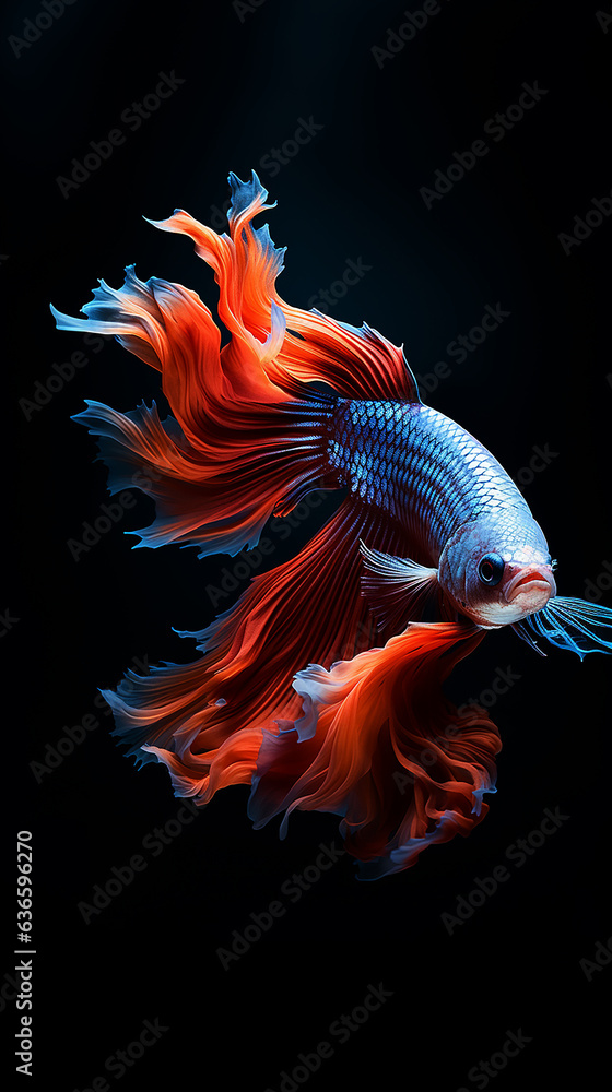 Obraz premium betta fish, fish fighters, ios background style, siamese fish fighting isolated on black background, betta splendens isolated beautiful tail, 