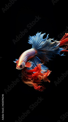 betta fish, fish fighters, ios background style, siamese fish fighting isolated on black background, betta splendens isolated beautiful tail, 
